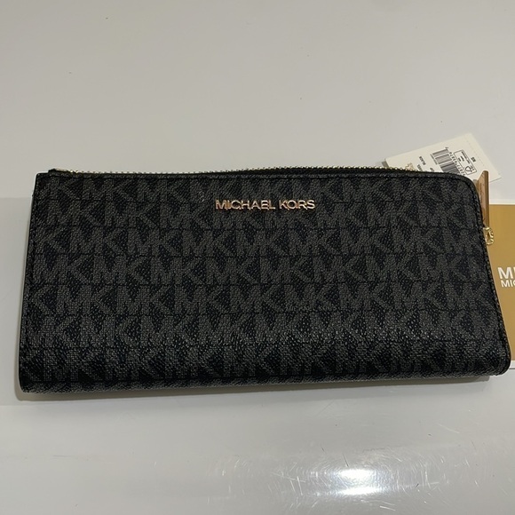 Michael Kors Large Zip Around Black & Gray Leather Logo Wallet—BEAUTIFUL! NWT - Picture 1 of 9